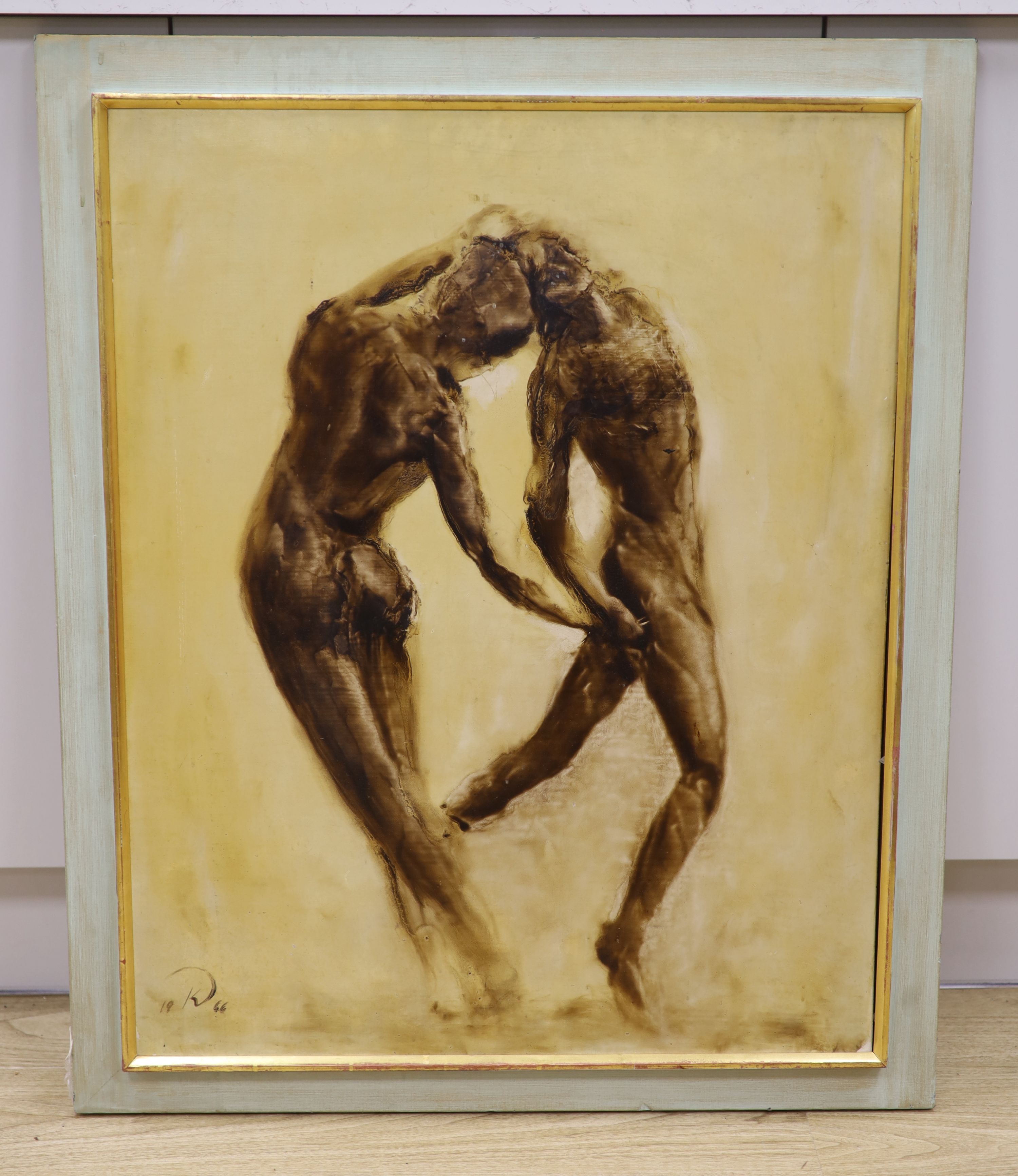 K.D., oil on board, Study of two dancers, signed and dated 1966, 76 x 61cm